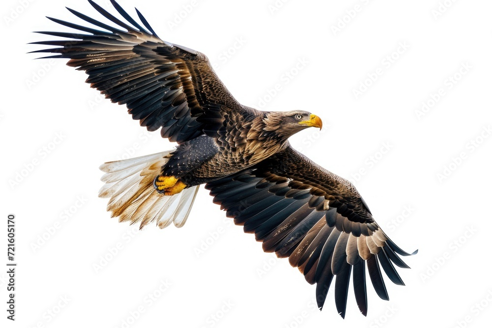Fototapeta premium A large bird flying through the sky with its wings spread. Suitable for nature and wildlife themes