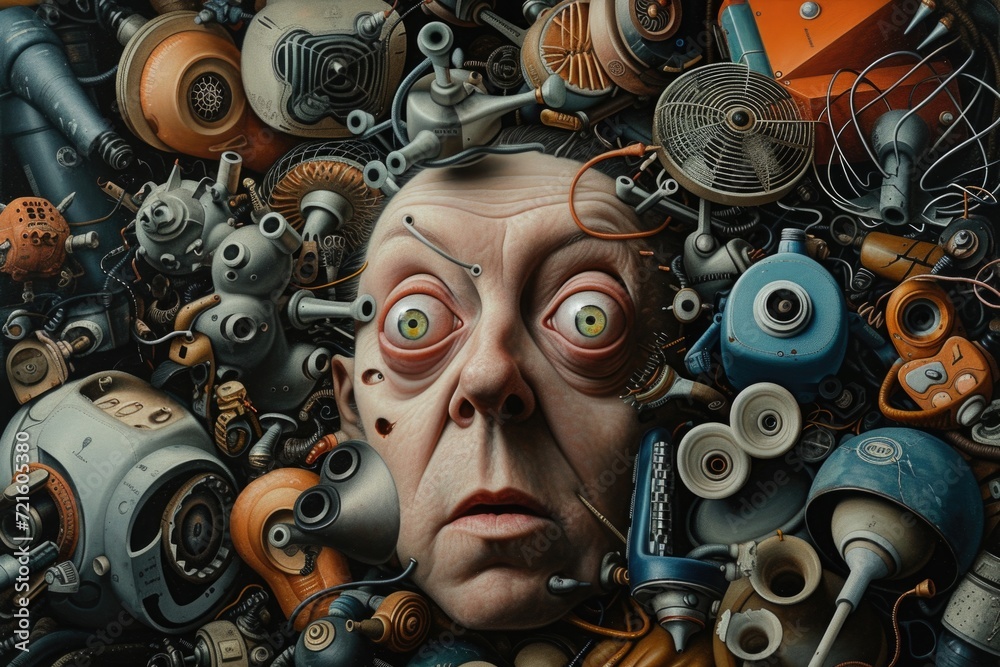 A man's face is surrounded by a variety of objects. This versatile image can be used in various creative projects