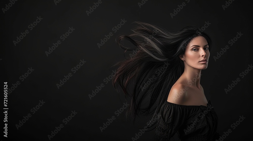 Stunning model with long black hair on black background, copy space for text, hair care concept.