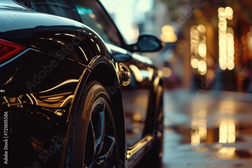 A black car parked on the side of a street. Suitable for automotive and transportation-related projects