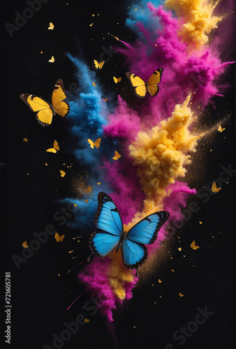 bright poster greeting card with butterflies and explosion of colorful holi powder