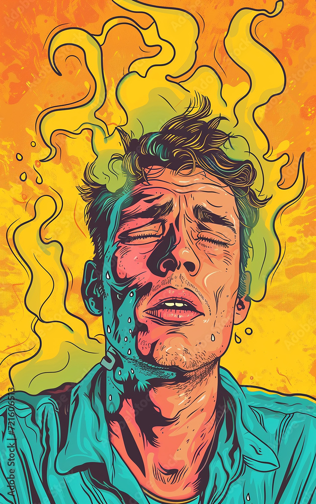 homem com febre suando arte pop de alta temperatura