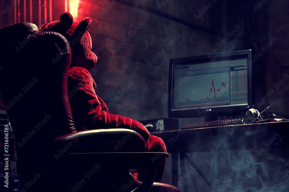 Bear in red suit with stock graphics on big monitor in old house   bear market concept