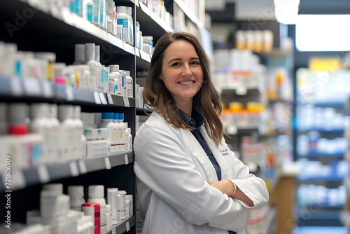 woman pharmacist smiling next to shelves of medicines