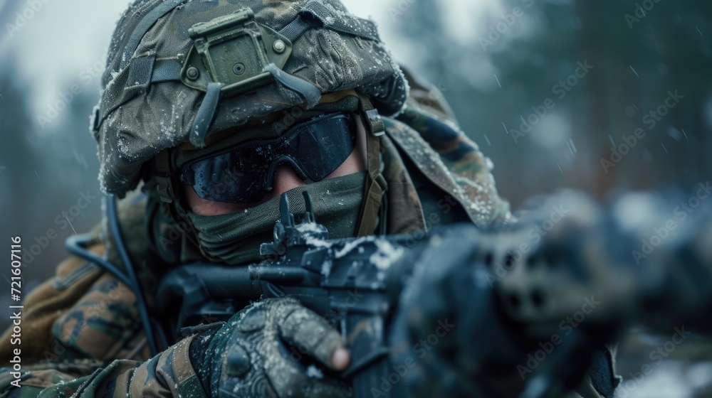 A man in camouflage holding a rifle in the snow. Suitable for outdoor and military-themed projects A man in camouflage holding a rifle in the snow. Suitable for outdoor and military-themed projects