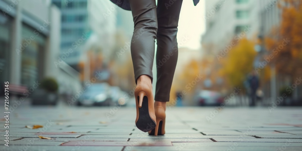 A woman confidently walks down a sidewalk in high heels. Perfect for fashion, lifestyle, and urban city themes - obrazy, fototapety, plakaty 
