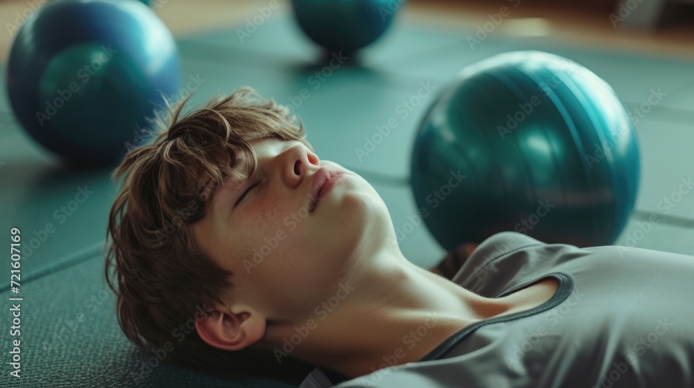 Fototapeta premium A young boy lies on a yoga mat, eyes closed in a peaceful state of relaxation. Perfect for promoting mindfulness and meditation practices
