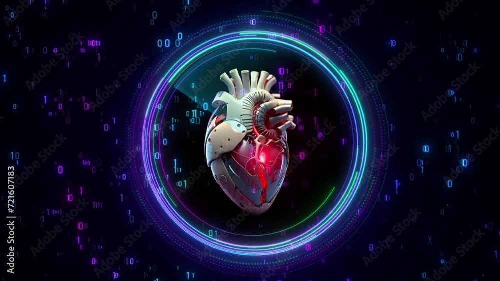 3d Heart Beating Animation. Heart Pulsing Animation, Medical Heart Beating With Matrix Computer Data. Digital Human Heart Animation, Ai Robot Heart Animation With Computer Data, 3d Animation Of Futuri