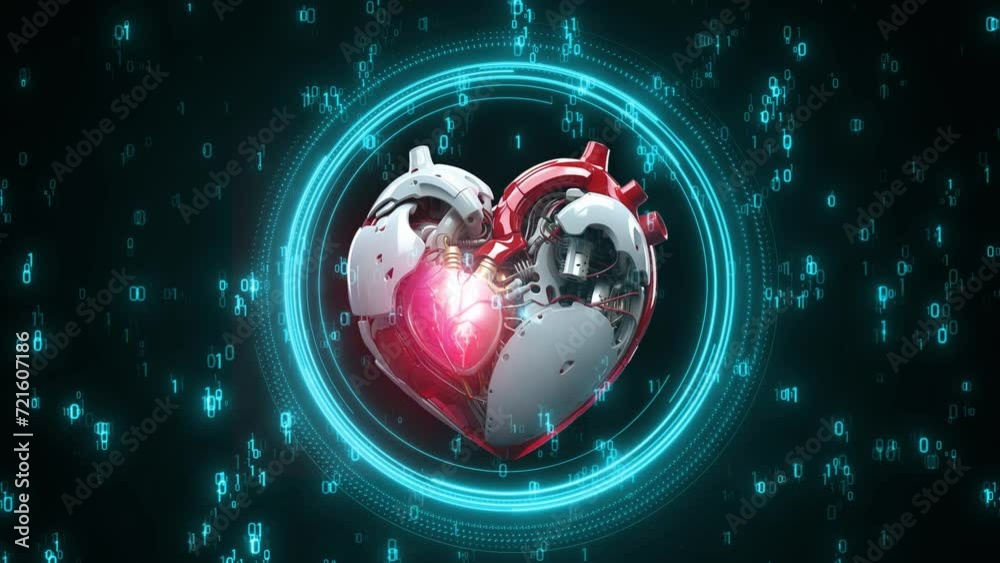 Digital Heart Shape 3d Heart Beating Animation. Artificial Intelligence Heart Pulsing Animation Health Care Concept , Medical Heart Beating With Matrix Computer Data. Digital Human Heart Animation, Ai