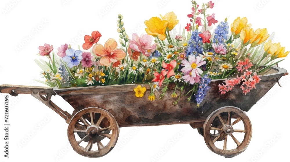 A colorful painting of a wheelbarrow filled with a vibrant arrangement of flowers. This picture can be used to add a touch of nature and beauty to any project or design