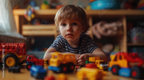 A little boy is engrossed in playing with his toys on the floor. This image can be used to depict childhood, imagination, and playtime activities