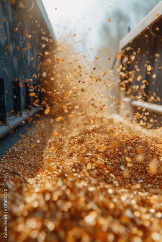 A pile of corn being processed on a conveyor belt. Ideal for illustrating food processing or agricultural industries
