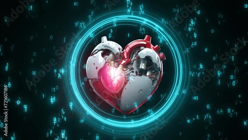 Digital Heart Shape 3d Heart Beating Animation. Artificial Intelligence Heart Pulsing Animation Health Care Concept , Medical Heart Beating With Matrix Computer Data. Digital Human Heart Animation, Ai