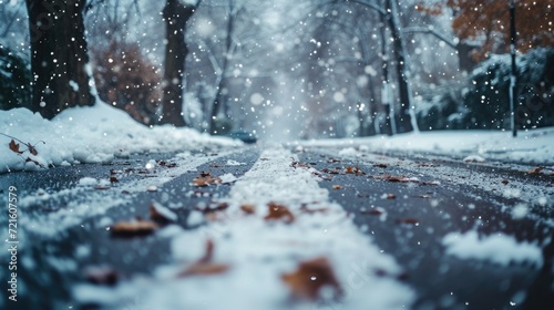 A wintry scene of a road covered in snow with scattered leaves on the ground. Suitable for winter-themed projects and seasonal designs © Fotograf