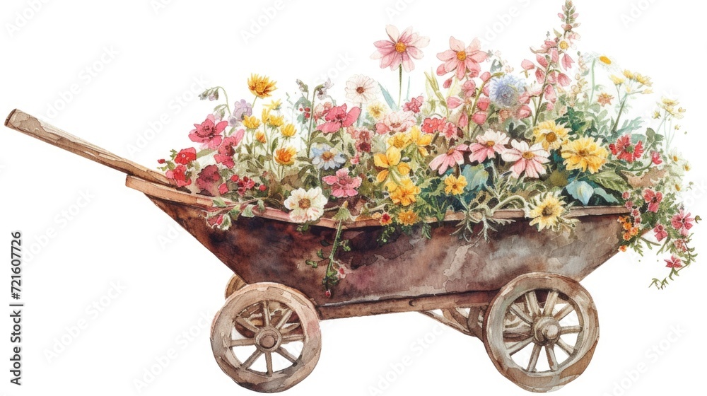 A painting of a wheelbarrow filled with colorful flowers. This image can be used to add a touch of nature and beauty to any project