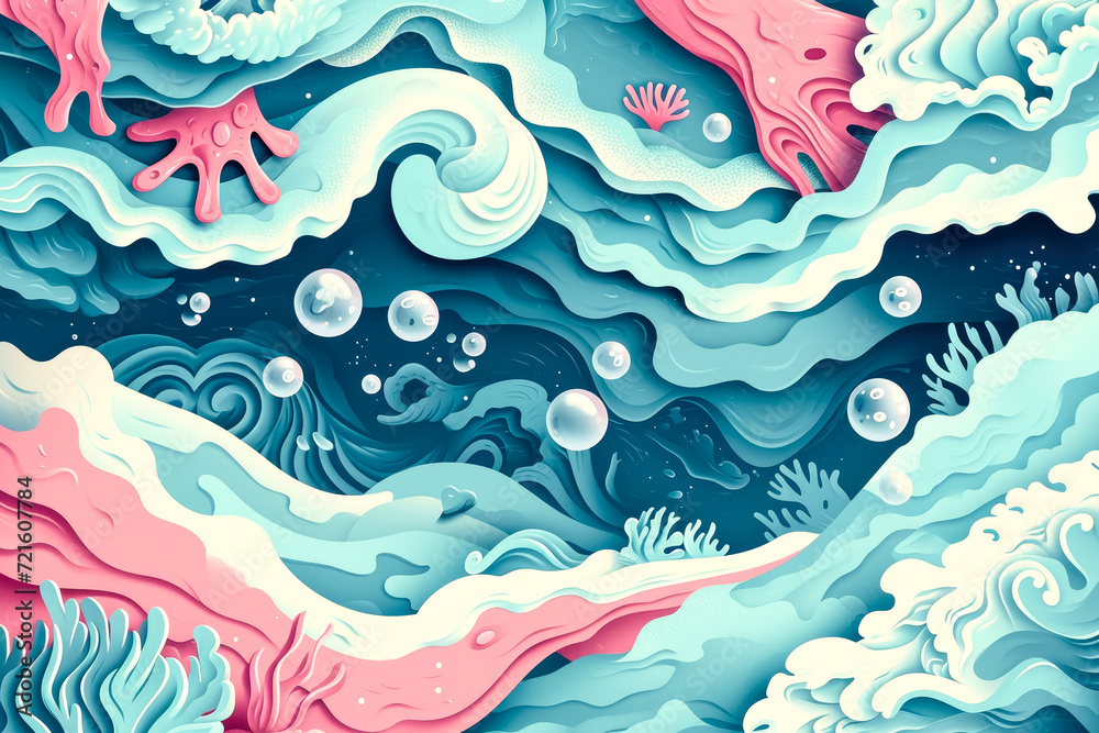 water-themed design with ocean waves and underwater creatures