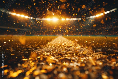 A baseball field covered in gold confetti. Perfect for celebrating a victory or special event. photo
