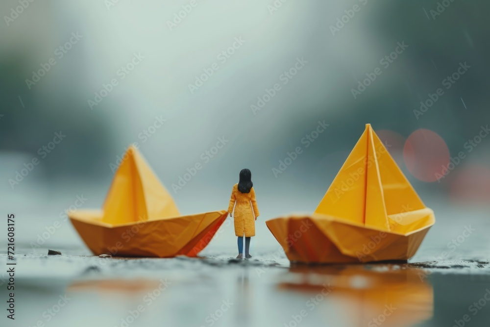 A little girl standing in front of a row of paper boats. Perfect for summer-themed projects or children's illustrations