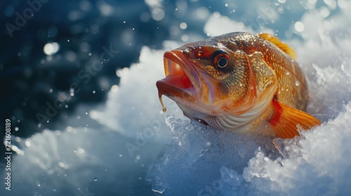 A fish sitting in the snow. Suitable for winter-themed designs