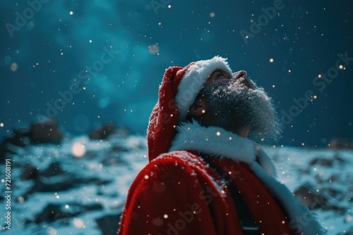 Santa Claus in his iconic outfit looking up at the sky. Perfect for Christmas-themed designs and advertisements