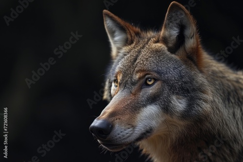 A close-up shot of a wolf s face against a dark background. Perfect for wildlife enthusiasts and animal lovers.