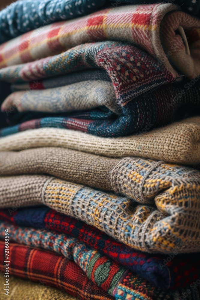 Stack of folded sweaters sitting on top of a table. Can be used for showcasing clothing organization or retail display Stack of folded sweaters sitting on top of a table. Can be used for showcasing clothing organization or retail display