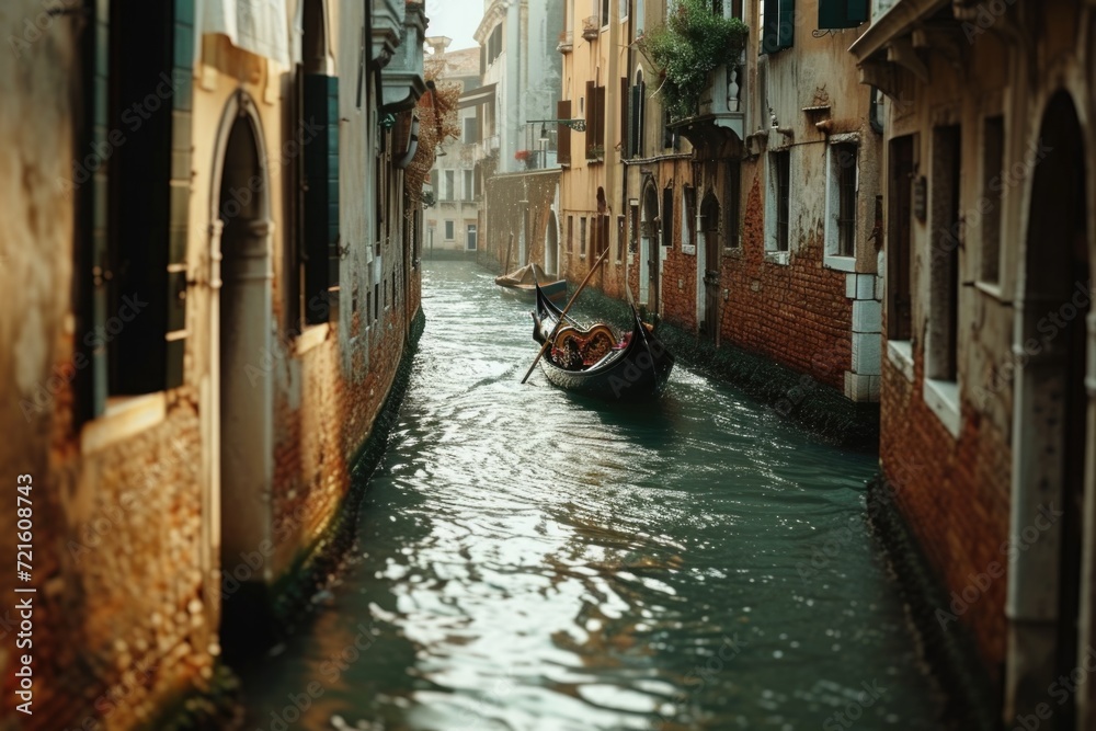 A gondola gracefully glides down a narrow canal in a city. Perfect for travel and tourism-related designs