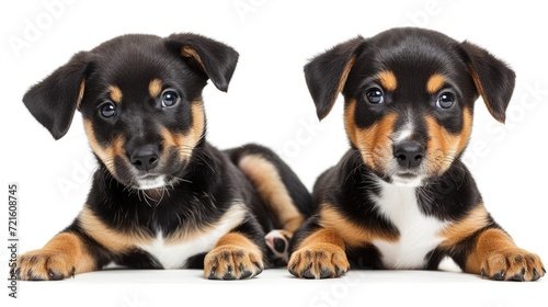 Two adorable black and brown puppies peacefully resting side by side. Perfect for pet lovers or animal-themed projects