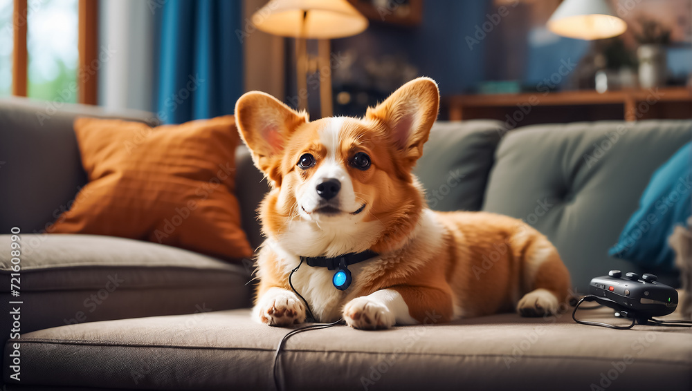 Cute dog on the sofa with remote control Cute dog on the sofa with remote control