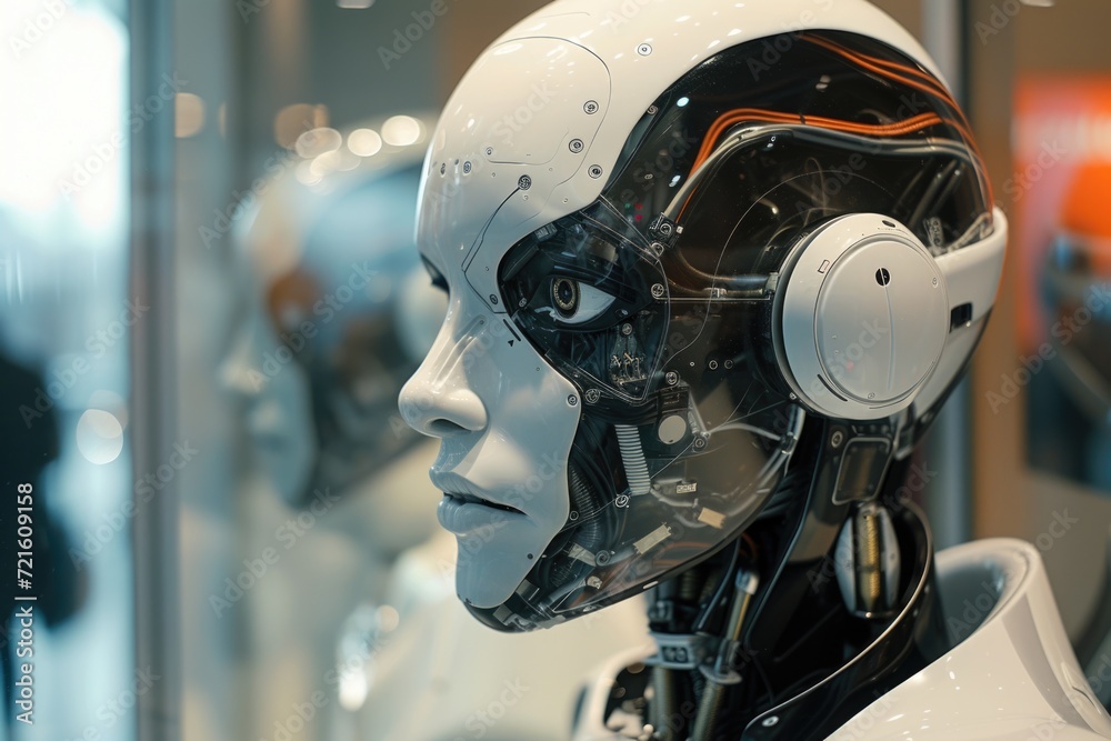 A close-up shot of a robot's head wearing headphones. This image can be used to depict technology, artificial intelligence, robotics, music, or futuristic concepts A close-up shot of a robot's head wearing headphones. This image can be used to depict technology, artificial intelligence, robotics, music, or futuristic concepts