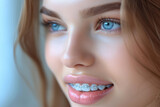 woman in braces, brace,dental care, malocclusion, orthodontic health. 