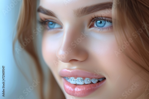 woman in braces, brace,dental care, malocclusion, orthodontic health. 