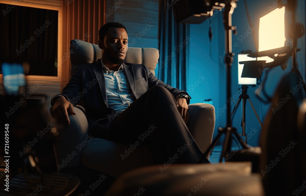 Fototapeta premium Cinematic Film Director Contemplating Next Scene on Set, A film director sits pensively on set, surrounded by lights, crafting the vision of his next scene