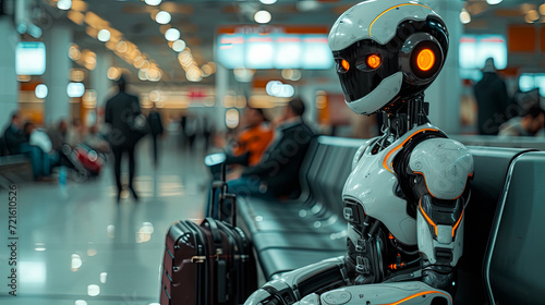 Embracing the Future of Air Travel. A solitary robot stands with its carry-on luggage in an airport waiting room surrounded by human passengers photo