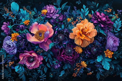 floral background, botanical flower bunch, dark turquoise and dark purple, pink, red, yellow, vintage motif for floral print digital background. © Koplexs-Stock