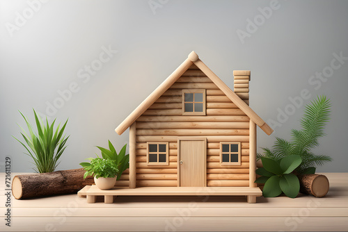 eco-friendly wooden house on a minimalistic background with plants