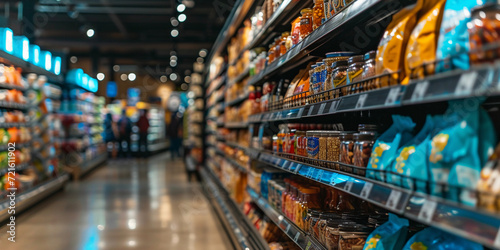 grocery store aisle dedicated to diet foods, with shelves stocked with healthy options, focus on the vibrancy and textures of food packaging, realistic lighting and shoppers in the background
