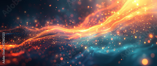 Abstract image featuring glowing light streaks and particles in warm hues of orange and blue, creating a dynamic and vibrant visual effect. 