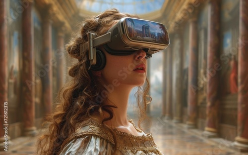 Renaissance woman using virtual reality goggles 