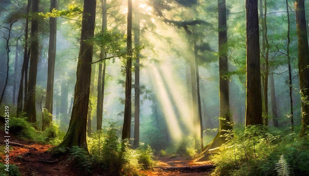 Sunlight in the green forest with sun rays shining through the trees