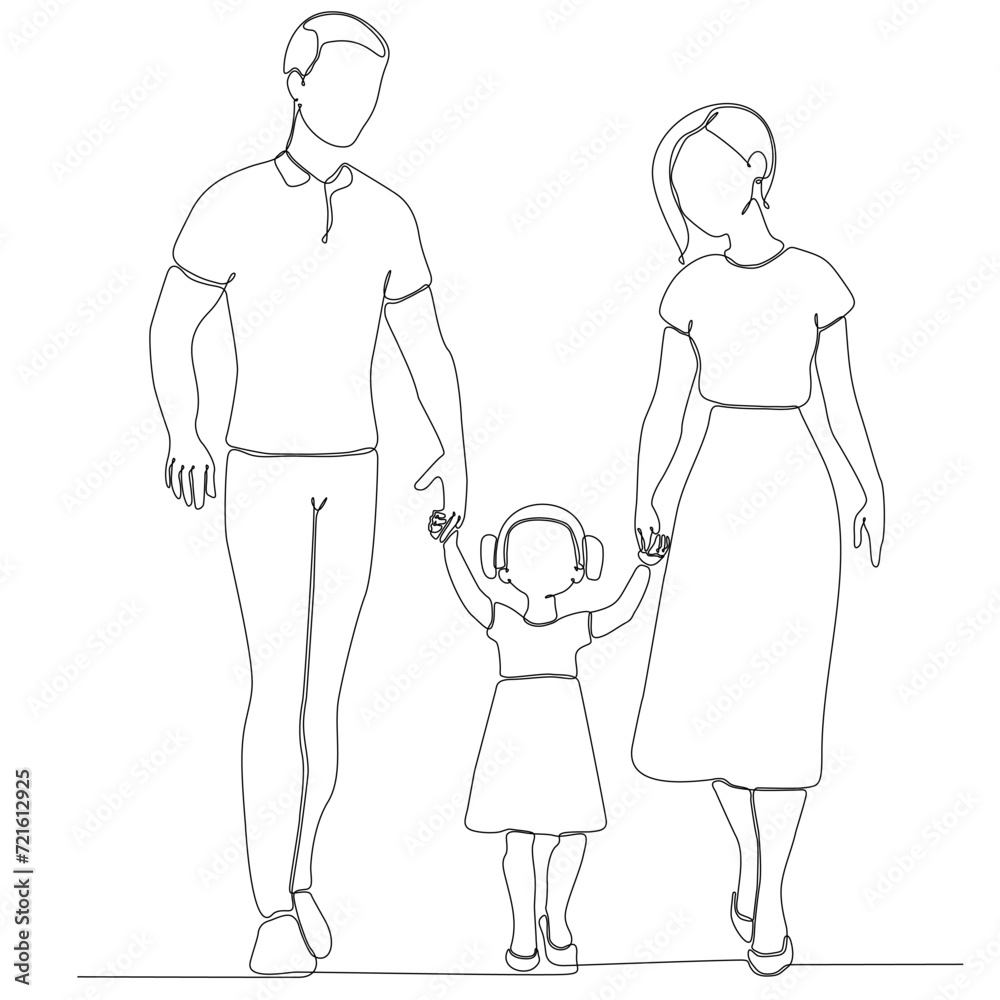 Happy family in continuous line art drawing style. Front view of parents with their little son holding hands and walking together black linear sketch isolated on white background. Vector illustration Happy family in continuous line art drawing style. Front view of parents with their little son holding hands and walking together black linear sketch isolated on white background. Vector illustration