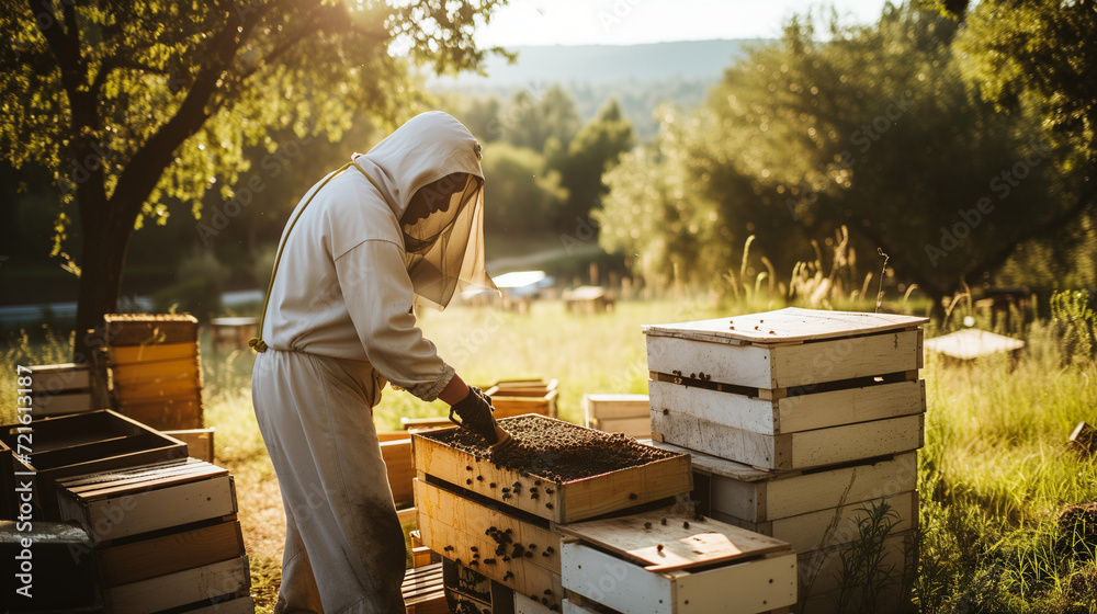 Beekeeper harvesting honey from beehives in a scenic apiary Beekeeper harvesting honey from beehives in a scenic apiary