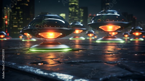Futuristic UFOs with vibrant lights hovering over a wet city street. Concept of urban invasion, sci-fi cityscape, futuristic transportation, extraterrestrial visit.