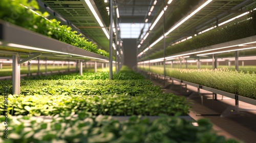 Hydroponic shelves of sprouting plants in an urban farm setting. Concept of urban farming, sustainable agriculture, hydroponics, indoor gardening. © Jafree