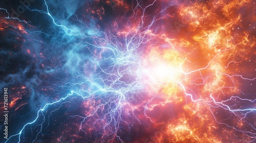 Vibrant cosmic energy surge with dynamic interplay of electric blues and fiery reds. Magnetic storm in outer space. Concepts of cosmos, energy, abstract, fantasy background and dynamic flow. photo