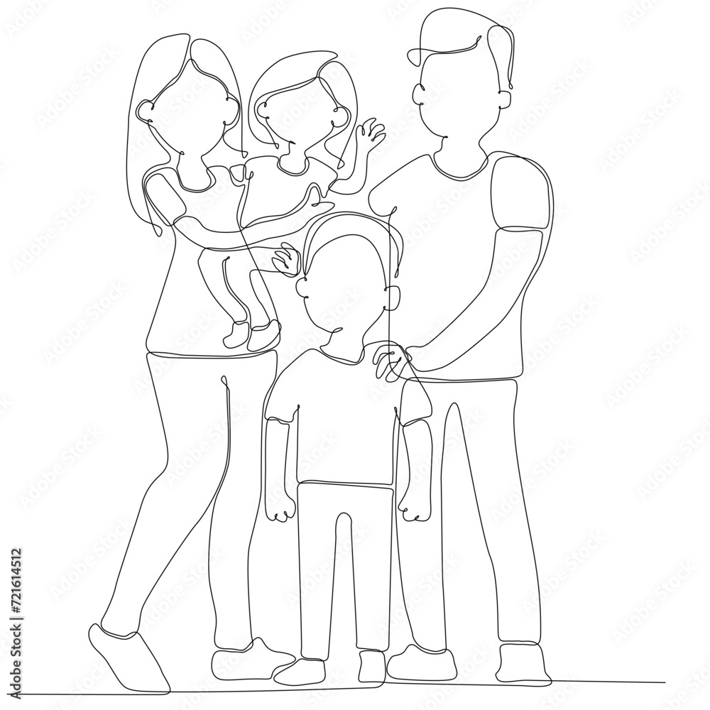 Happy family in continuous line art drawing style. Front view of parents with their little son holding hands and walking together black linear sketch isolated on white background. Vector illustration Happy family in continuous line art drawing style. Front view of parents with their little son holding hands and walking together black linear sketch isolated on white background. Vector illustration