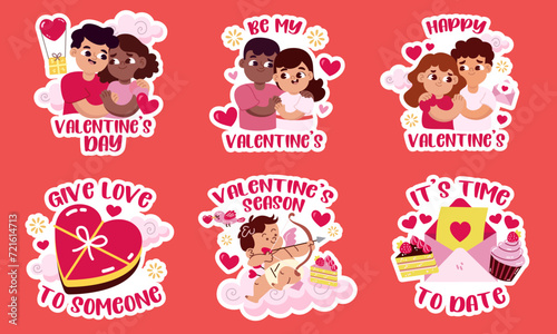 valentine's day, stickers, vector, interracial couples, cupid, hugs, transparent, set