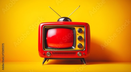 an old red television, set against a yellow background