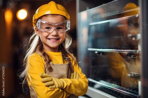 A blond girl in a yellow suit, glasses, a helmet and gloves smiles at the camera. Protective clothing concept. Generated by artificial intelligence photo