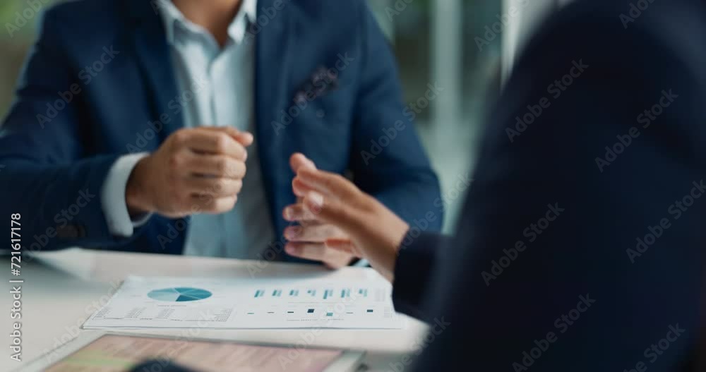 Business people, partnership and handshake for deal, agreement or negotiation in office. Shaking hands, closeup and hiring offer for recruitment, b2b collaboration or data analyst at table in meeting